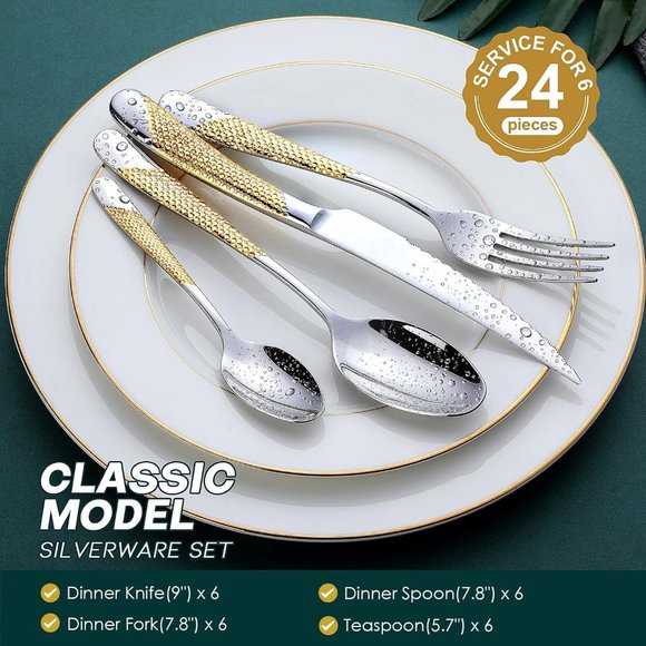 Perfect Holiday Gift 24-Piece Gold Forged Stainless Steel Flatware Set, Service - Picture 9 of 14